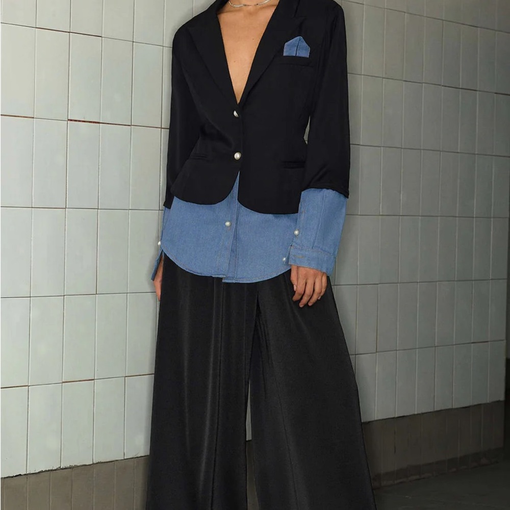 Black Blazer with Blue Shirt-Hem Trim - Picture 2 of 5